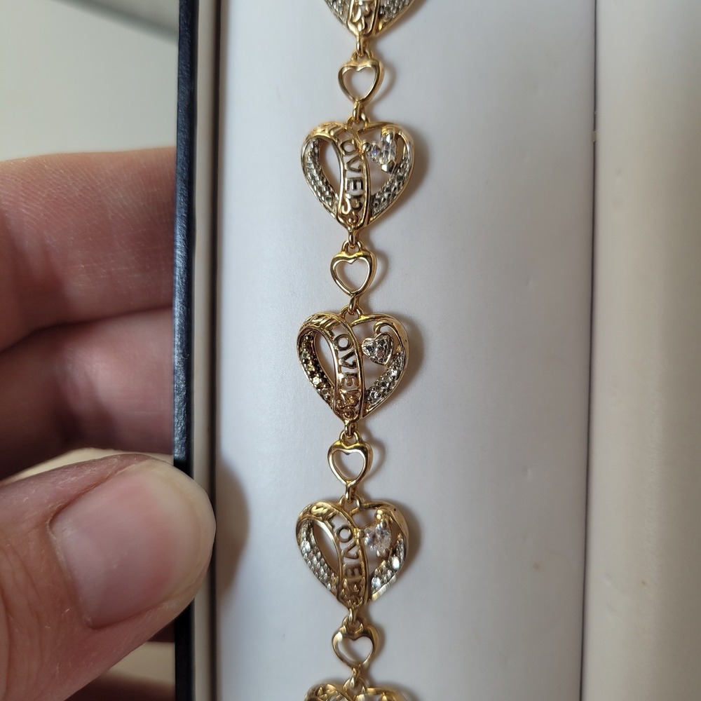 Vintage DL‎ 925 Gold Vermeil Script LOVE Heart Link Bracelet Cubic Zirconia CZ